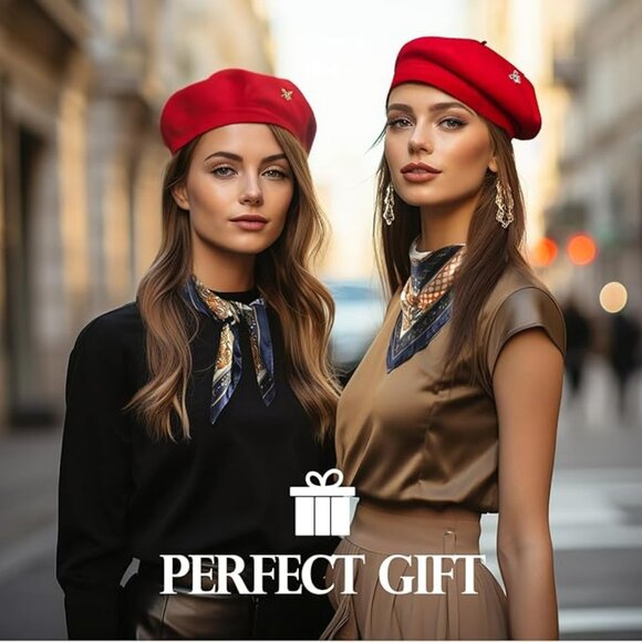 JEICY Red Wool French Beret Hat for Women – Classic Lightweight Beret with Scarf - Picture 2 of 7